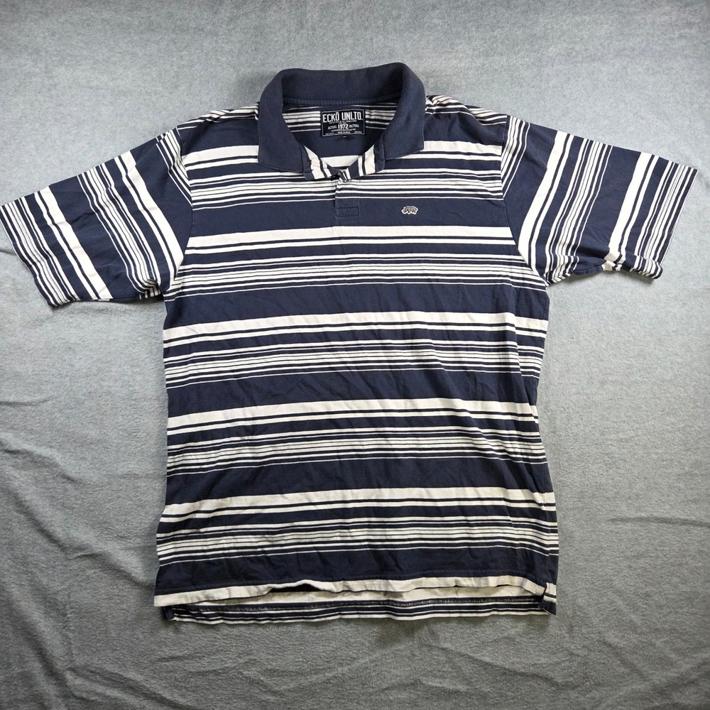 Ecko Unltd Polo Shirt Mens XXL Navy Blue Striped Short Sleeve Rhino Logo - Picture 3 of 7